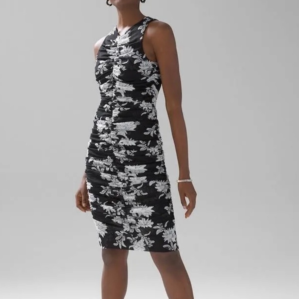 Black + White Ruched Mesh Sheath Dress Size Medium